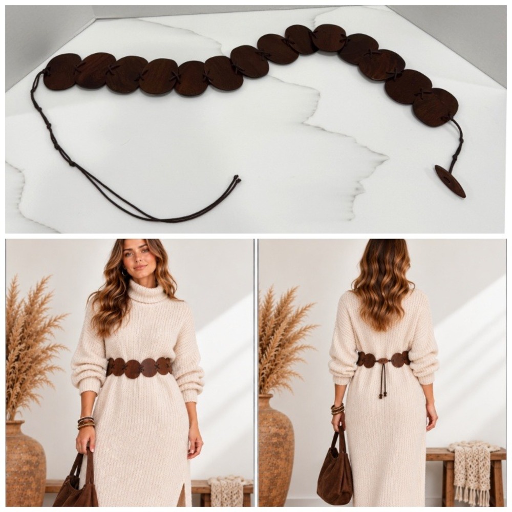 Vintage Wooden Wide Disc Link Belt Walnut Brown Cord Laced Boho Adjustable 40"